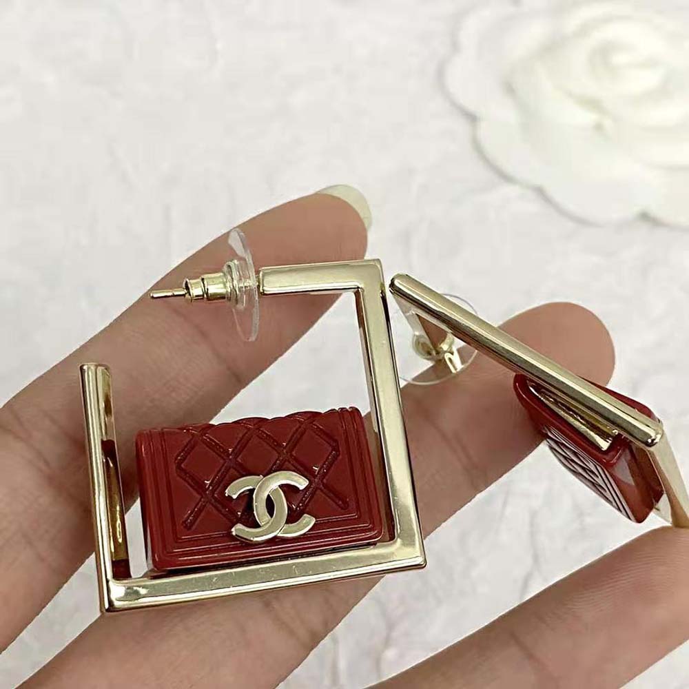 Chanel Women Hoop Earrings in Metal and Resin-Red