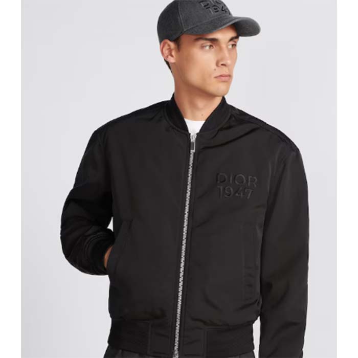Dior Men CD Bomber Jacket Black Ottoman Cotton Blend Piped Side Pockets Ribbed Cuffs Hem