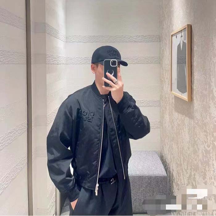 Dior Men CD Bomber Jacket Black Ottoman Cotton Blend Piped Side Pockets Ribbed Cuffs Hem