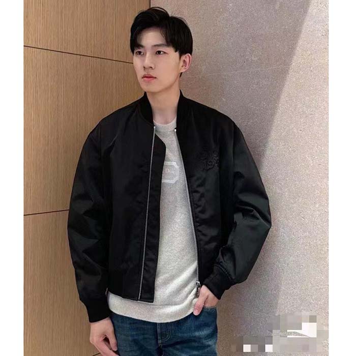 Dior Men CD Bomber Jacket Black Ottoman Cotton Blend Piped Side Pockets Ribbed Cuffs Hem
