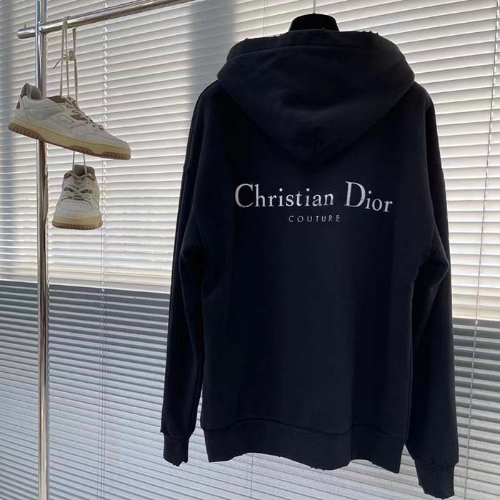 Dior Women CD Christian Dior Couture Hooded Sweatshirt Black Cotton Fleece Dévoré Effect
