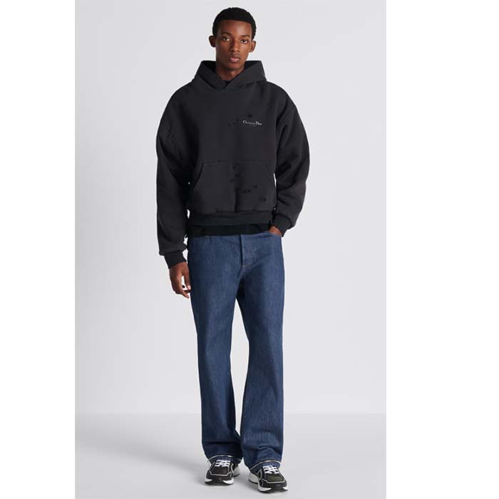 Dior Men CD Christian Dior Couture Hooded Sweatshirt Black Cotton Fleece Dévoré Effect