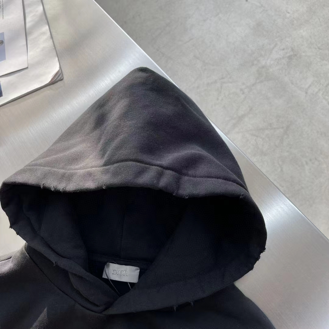 Dior Women CD Christian Dior Couture Hooded Sweatshirt Black Cotton Fleece Dévoré Effect