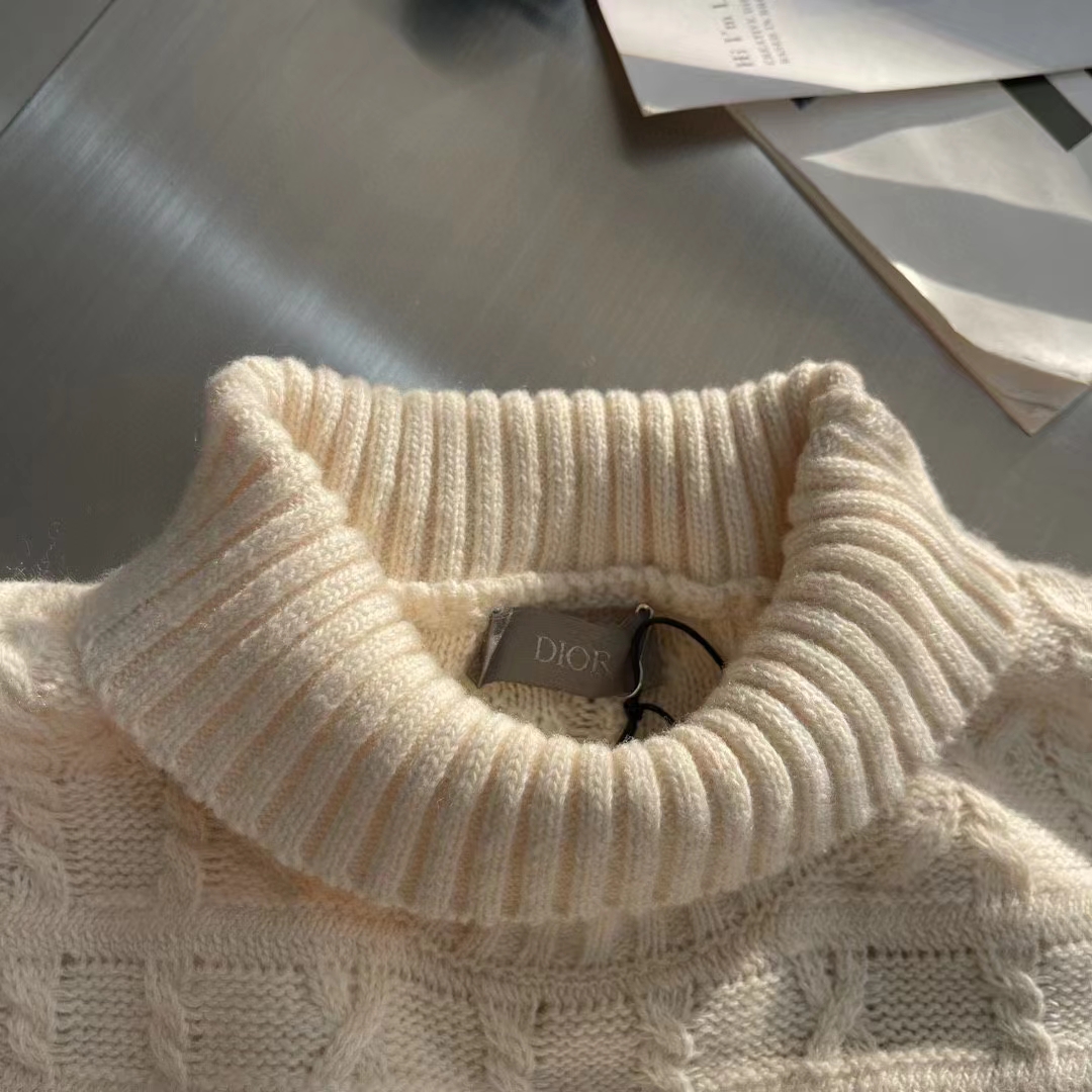 Dior Men CD Dior Icons Sweater White Cashmere Knit Stand Collar All-Over Cannage Motif