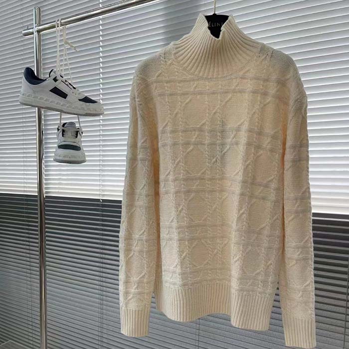 Dior Men CD Dior Icons Sweater White Cashmere Knit Stand Collar All-Over Cannage Motif