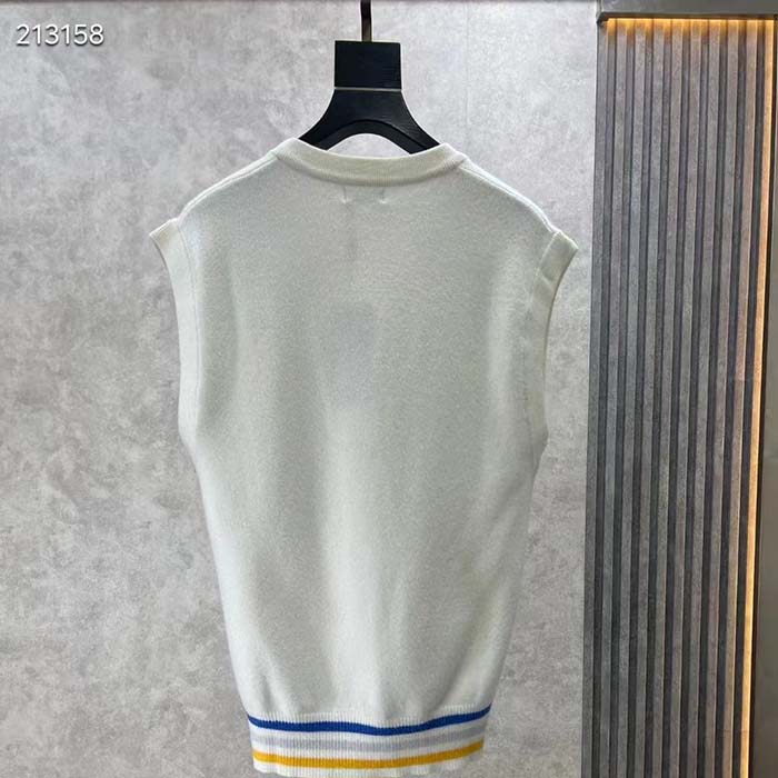 Dior Women CD Sleeveless Sweater Beige Wool Cashmere Intarsia V-Neckline Striped Hem