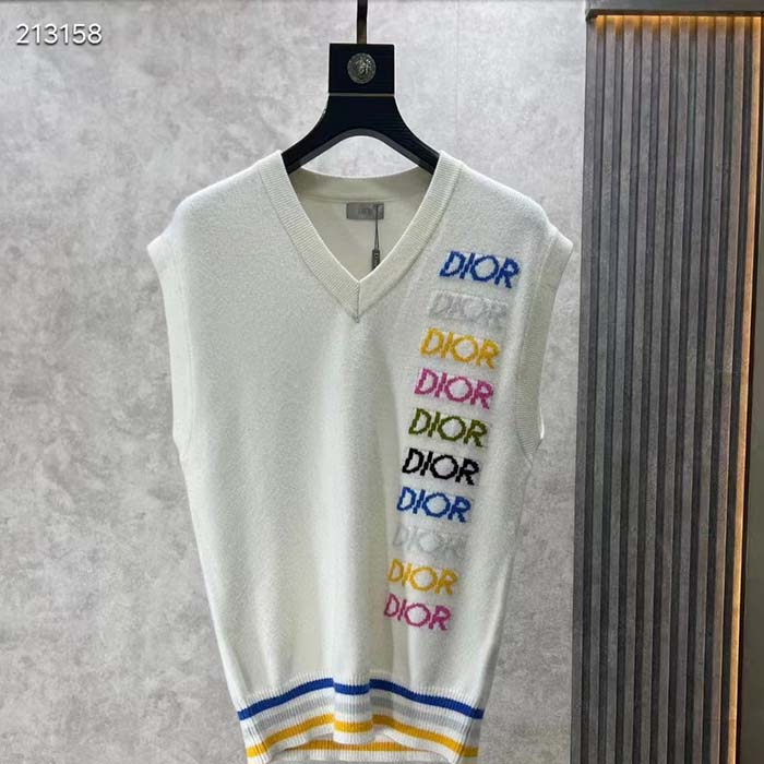 Dior Women CD Sleeveless Sweater Beige Wool Cashmere Intarsia V-Neckline Striped Hem