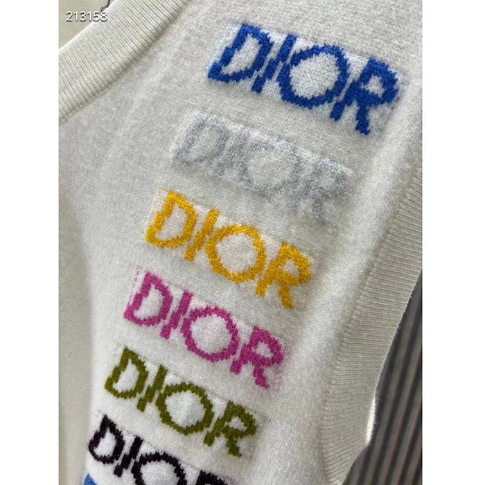 Dior Women CD Sleeveless Sweater Beige Wool Cashmere Intarsia V-Neckline Striped Hem