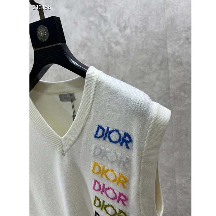 Dior Women CD Sleeveless Sweater Beige Wool Cashmere Intarsia V-Neckline Striped Hem