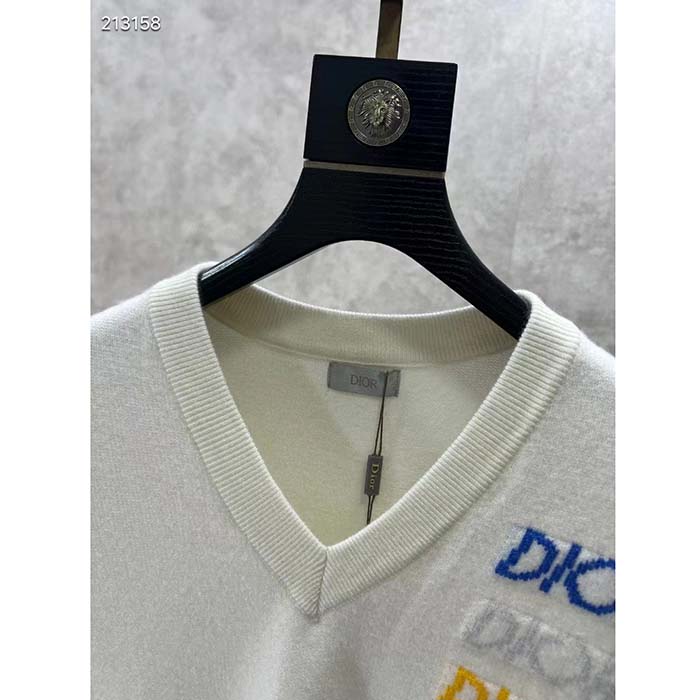 Dior Men CD Sleeveless Sweater Beige Wool Cashmere Intarsia V-Neckline Striped Hem