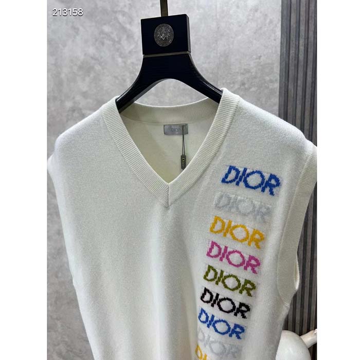 Dior Women CD Sleeveless Sweater Beige Wool Cashmere Intarsia V-Neckline Striped Hem