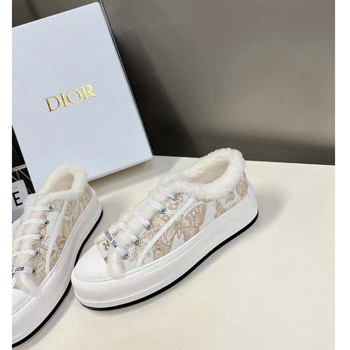 Dior Unisex CD Walk’N’Dior Platform Sneaker White Gold-Tone Toile De Jouy Mexico Embroidered Cotton Metallic Thread