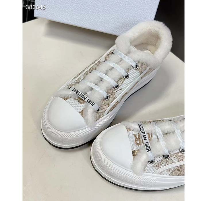 Dior Unisex CD Walk’N’Dior Platform Sneaker White Gold-Tone Toile De Jouy Mexico Embroidered Cotton Metallic Thread