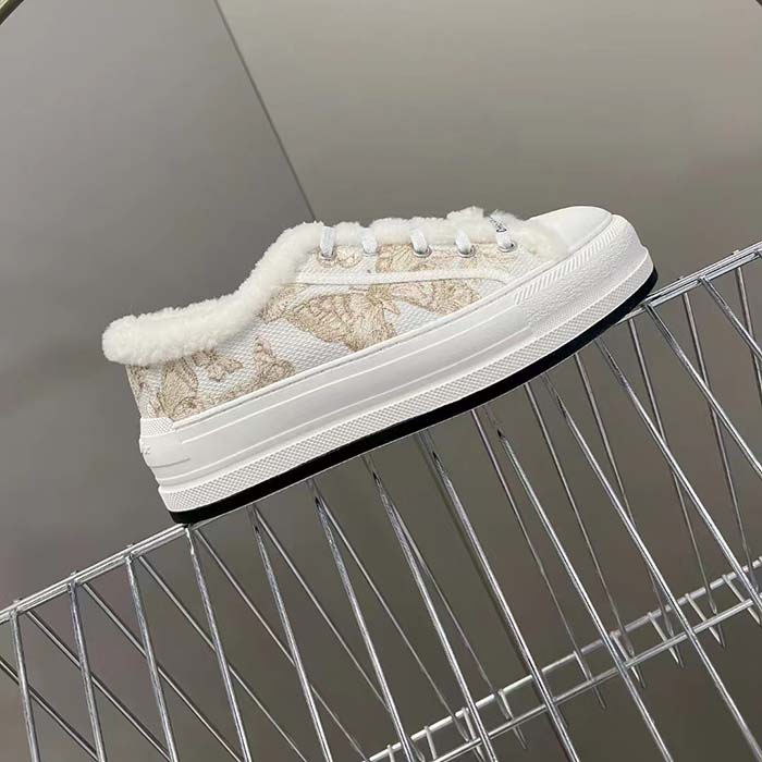 Dior Unisex CD Walk’N’Dior Platform Sneaker White Gold-Tone Toile De Jouy Mexico Embroidered Cotton Metallic Thread