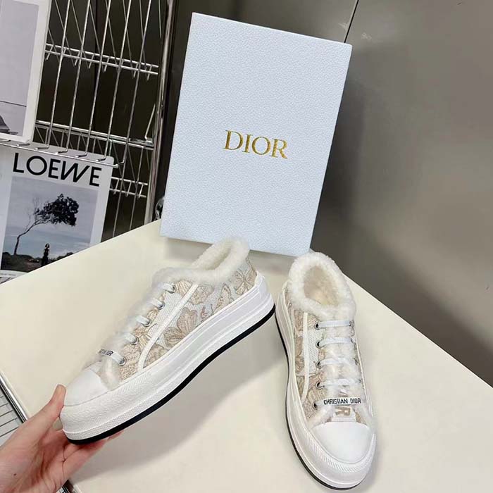 Dior Unisex CD Walk’N’Dior Platform Sneaker White Gold-Tone Toile De Jouy Mexico Embroidered Cotton Metallic Thread