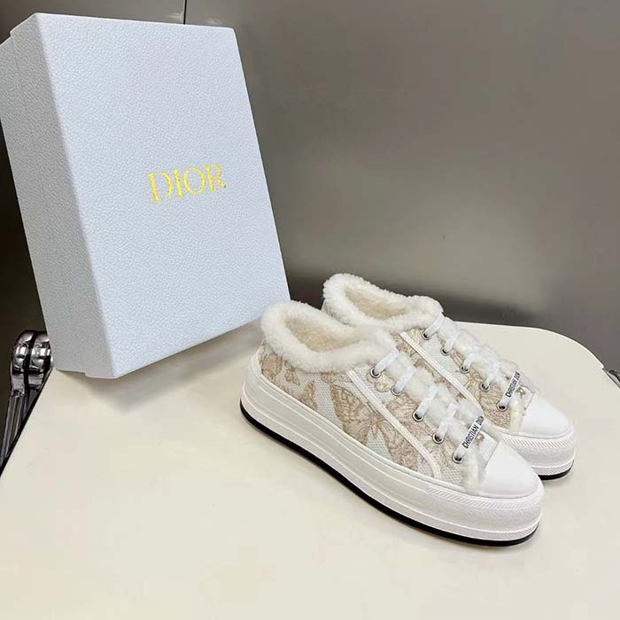 Dior Unisex CD Walk’N’Dior Platform Sneaker White Gold-Tone Toile De Jouy Mexico Embroidered Cotton Metallic Thread