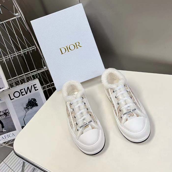 Dior Unisex CD Walk’N’Dior Platform Sneaker White Gold-Tone Toile De Jouy Mexico Embroidered Cotton Metallic Thread