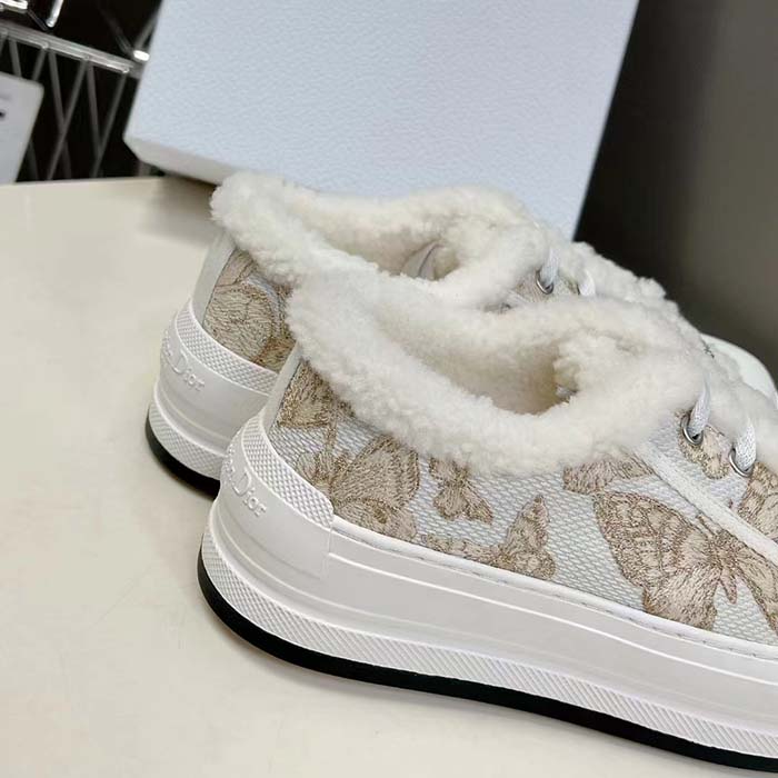 Dior Unisex CD Walk’N’Dior Platform Sneaker White Gold-Tone Toile De Jouy Mexico Embroidered Cotton Metallic Thread