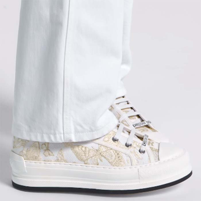 Dior Unisex CD Walk’N’Dior Platform Sneaker White Gold-Tone Toile De Jouy Mexico Embroidered Cotton Metallic Thread