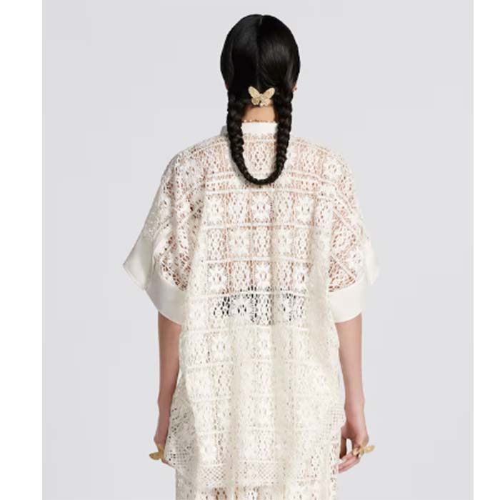 Dior Women CD Blouse Ecru Technical Cotton Lace Front Button Closure Mother-Of-Pearl Buttons