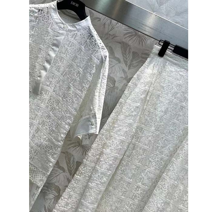 Dior Women CD Blouse Ecru Technical Cotton Lace Front Button Closure Mother-Of-Pearl Buttons