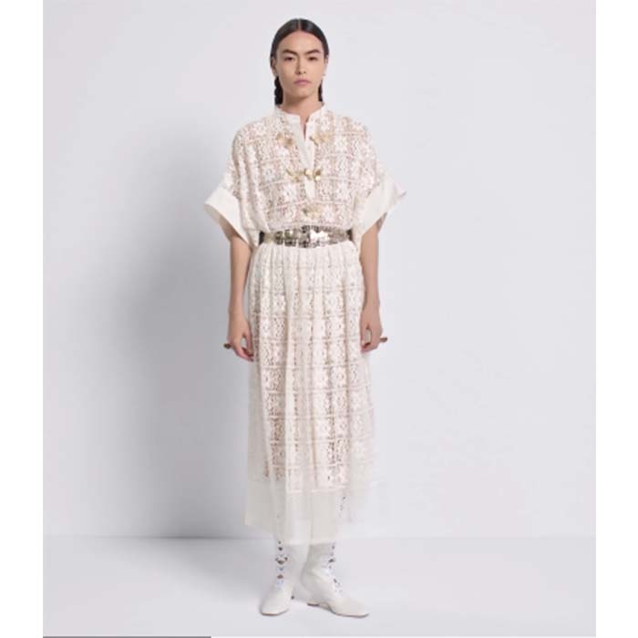 Dior Women CD Blouse Ecru Technical Cotton Lace Front Button Closure Mother-Of-Pearl Buttons