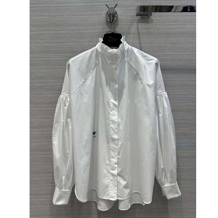 Dior Women CD Blouse White Cotton Poplin Hallmark Embroidered Bee Unlined