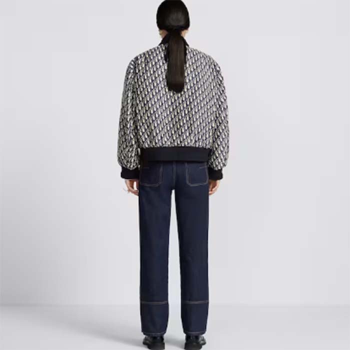 Dior Women CD Bomber Jacket Blue Technical Taffeta Jacquard Dior Oblique Motif