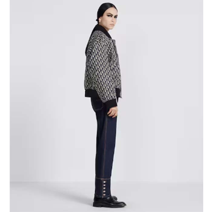 Dior Women CD Bomber Jacket Blue Technical Taffeta Jacquard Dior Oblique Motif