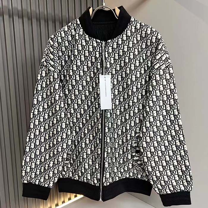 Dior Women CD Bomber Jacket Blue Technical Taffeta Jacquard Dior Oblique Motif
