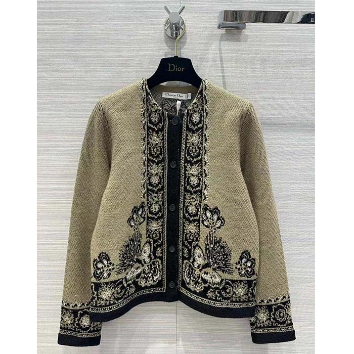Dior Women CD Cardigan Beige Black Virgin Wool Cotton Jacquard Butterfly Bandana Motif