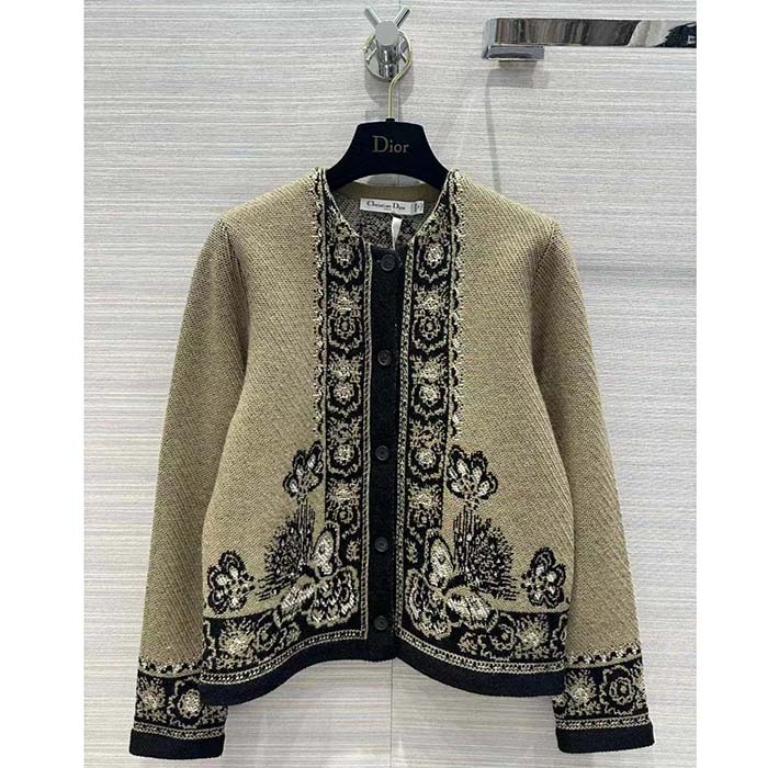 Dior Women CD Cardigan Beige Black Virgin Wool Cotton Jacquard Butterfly Bandana Motif