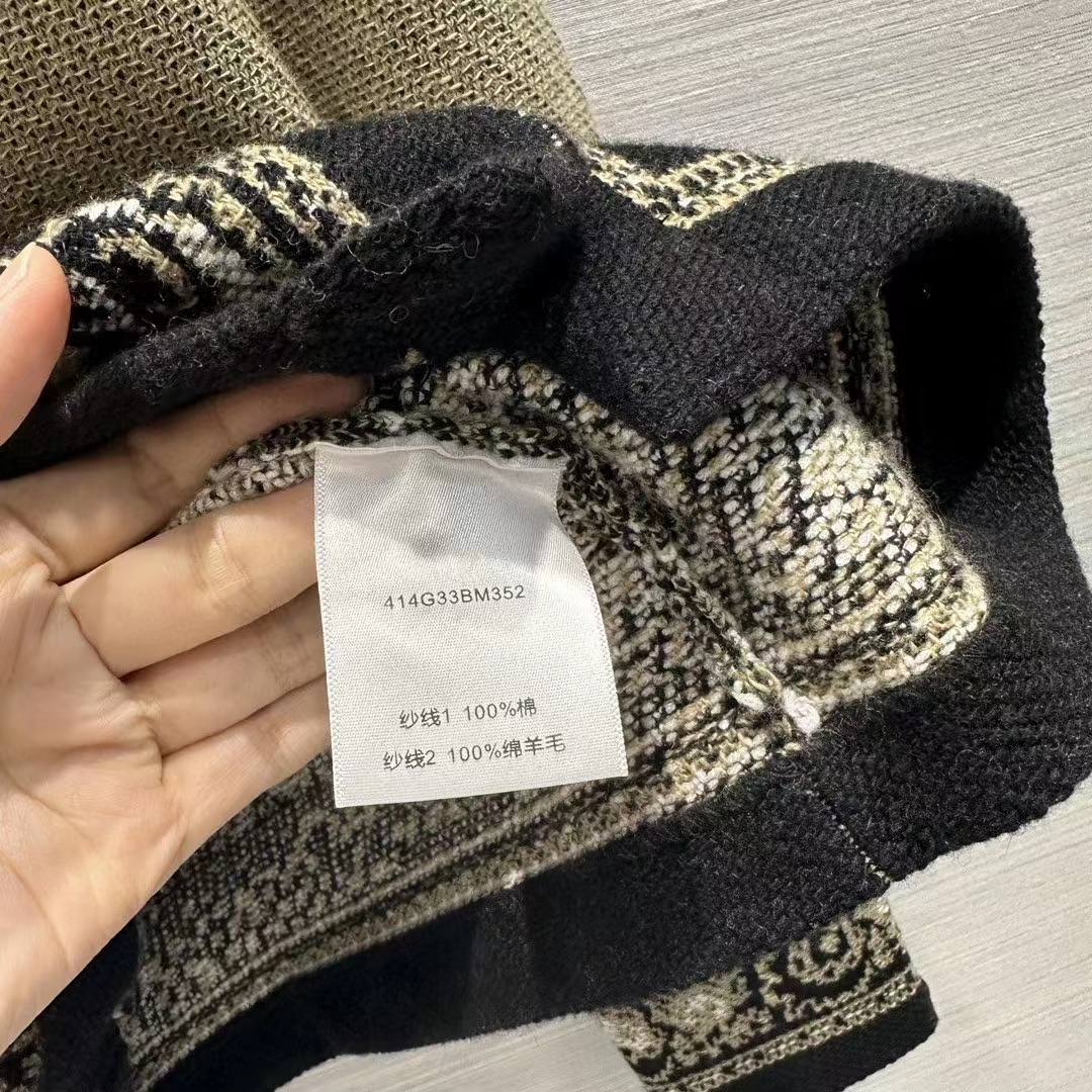 Dior Women CD Cardigan Beige Black Virgin Wool Cotton Jacquard Butterfly Bandana Motif