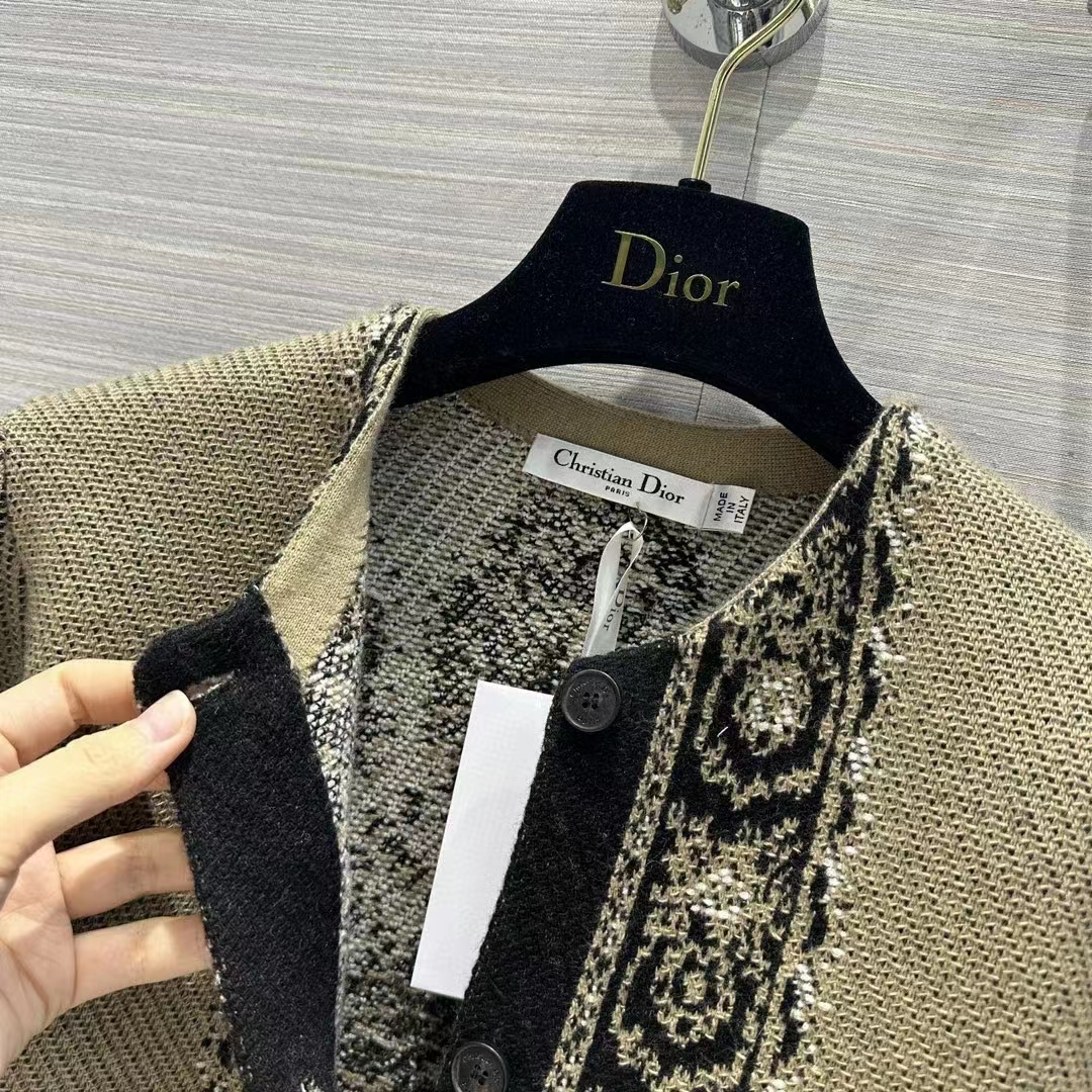 Dior Women CD Cardigan Beige Black Virgin Wool Cotton Jacquard Butterfly Bandana Motif