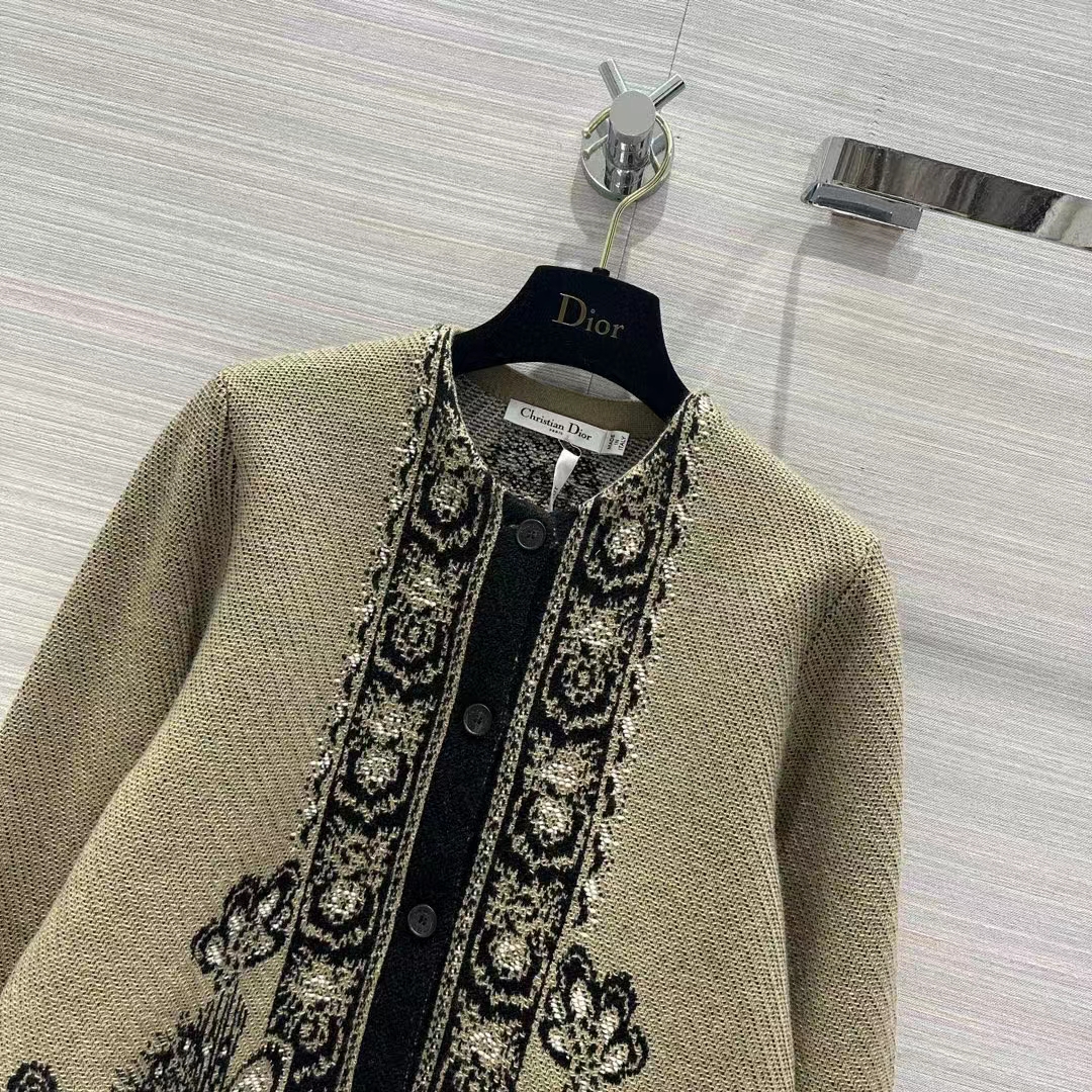 Dior Women CD Cardigan Beige Black Virgin Wool Cotton Jacquard Butterfly Bandana Motif