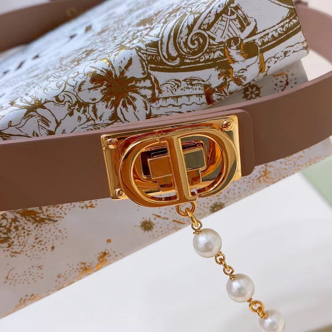 Dior Women CD Cinturon Dior Caro Belt Brown Smooth Calfskin White Glass Pearls 20 MM Width