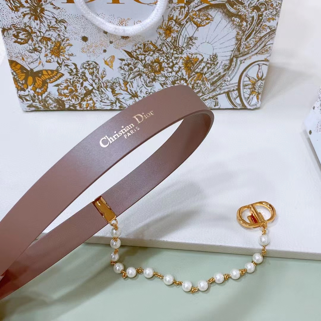 Dior Women CD Cinturon Dior Caro Belt Brown Smooth Calfskin White Glass Pearls 20 MM Width