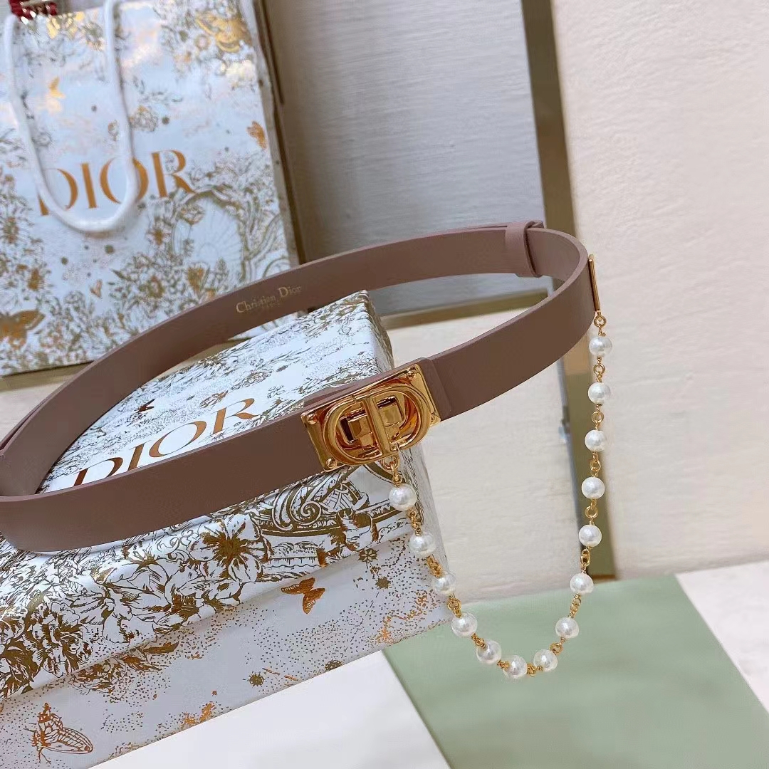 Dior Women CD Cinturon Dior Caro Belt Brown Smooth Calfskin White Glass Pearls 20 MM Width