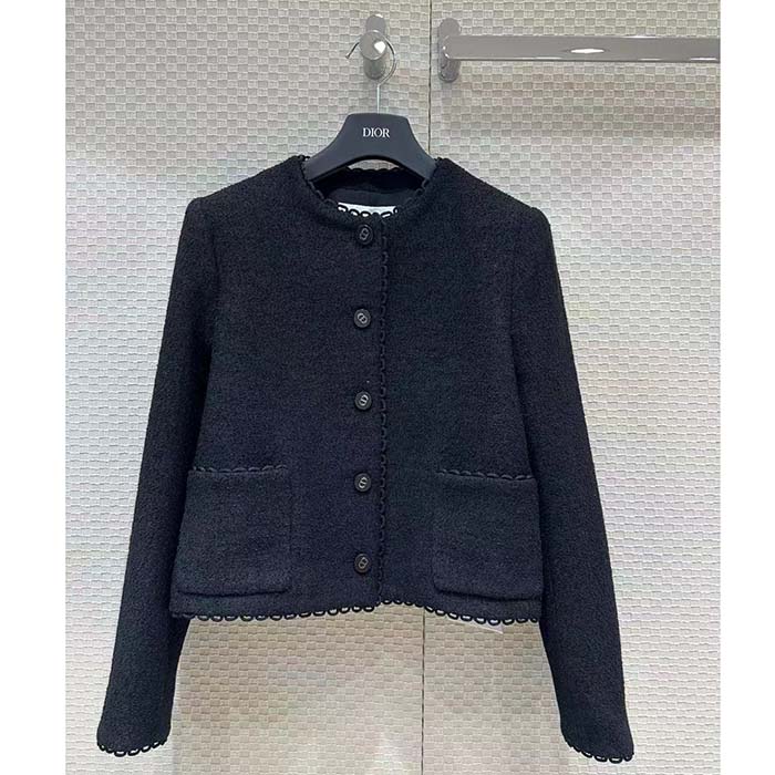 Dior Women CD Cropped Jacket Black Double-Sided Virgin Wool Bouclé