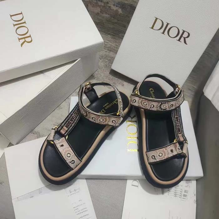 Dior Women CD D-Wave Sandal Beige Multicolor Embroidered Cotton Butterfly Bandana