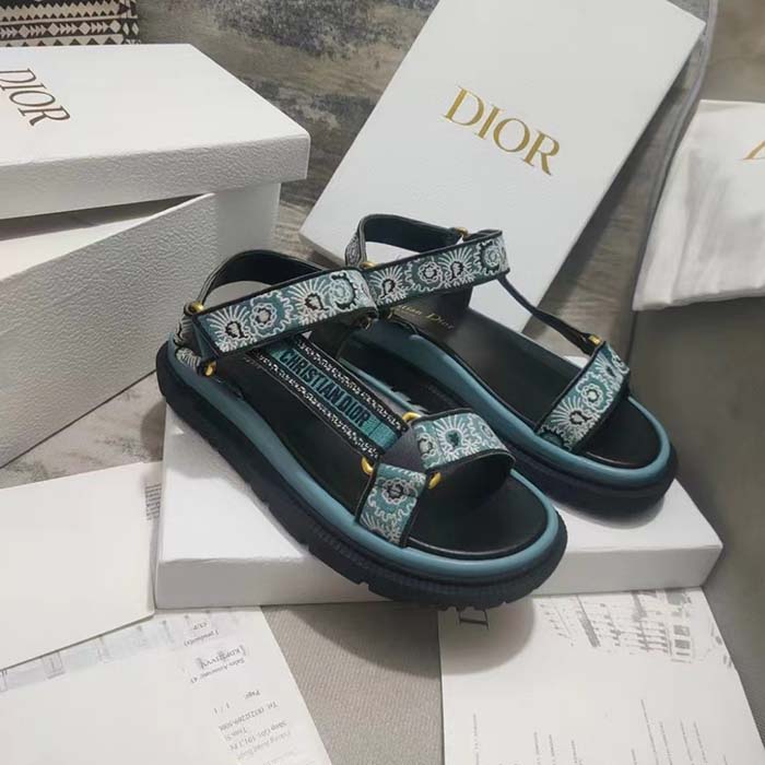Dior Women CD D-Wave Sandal Denim Blue Multicolor Embroidered Cotton Butterfly Bandana