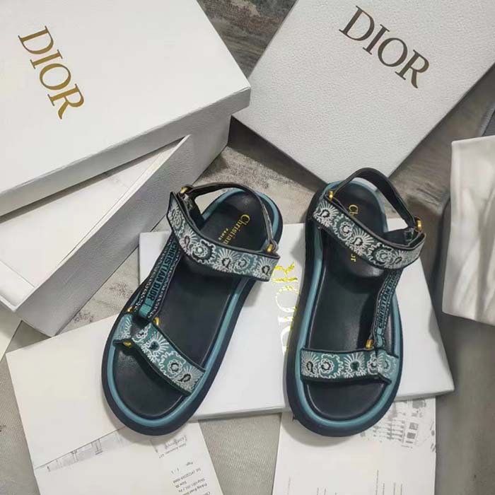 Dior Women CD D-Wave Sandal Denim Blue Multicolor Embroidered Cotton Butterfly Bandana