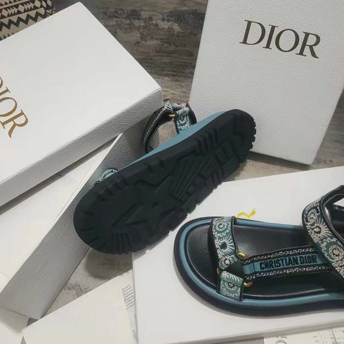 Dior Women CD D-Wave Sandal Denim Blue Multicolor Embroidered Cotton Butterfly Bandana