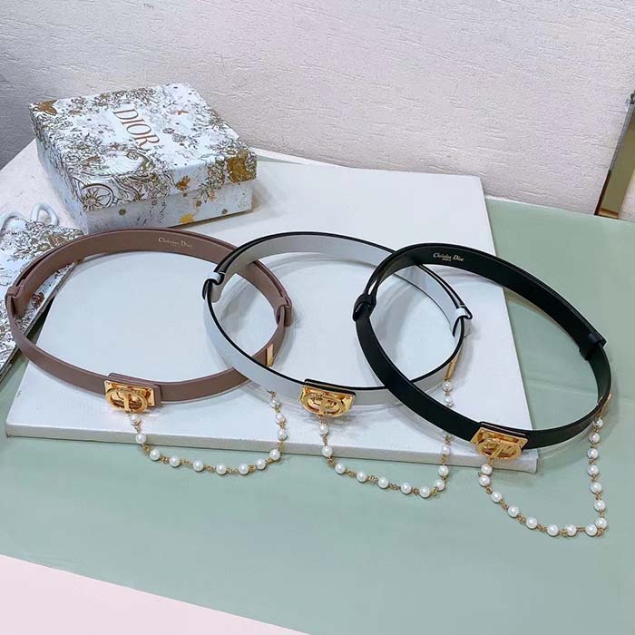 Dior Women CD Dior Caro Belt Black Smooth Calfskin White Glass Pearls 20 MM Width