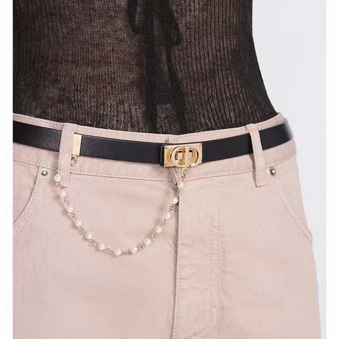 Dior Women CD Dior Caro Belt Black Smooth Calfskin White Glass Pearls 20 MM Width