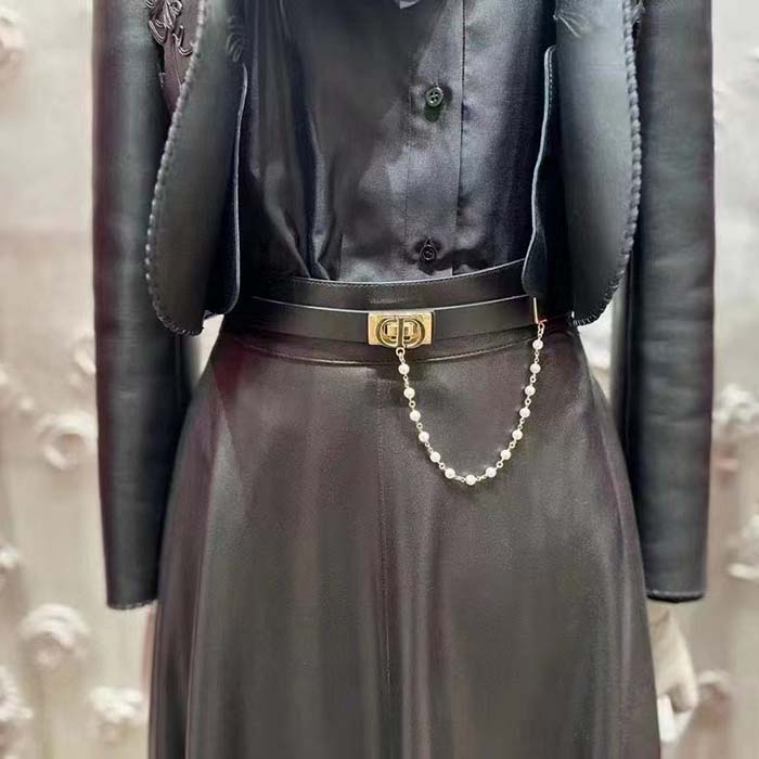 Dior Women CD Dior Caro Belt Black Smooth Calfskin White Glass Pearls 20 MM Width