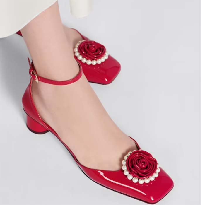 Dior Women CD Dior Rose Pump Amaryllis Red Patent Calfskin White Resin Pearls