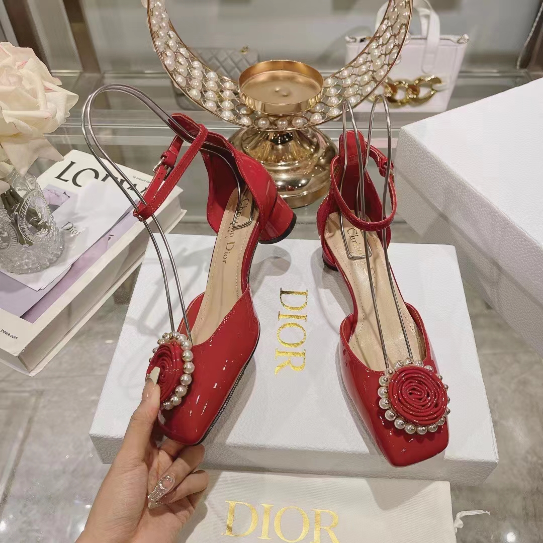 Dior Women CD Dior Rose Pump Amaryllis Red Patent Calfskin White Resin Pearls