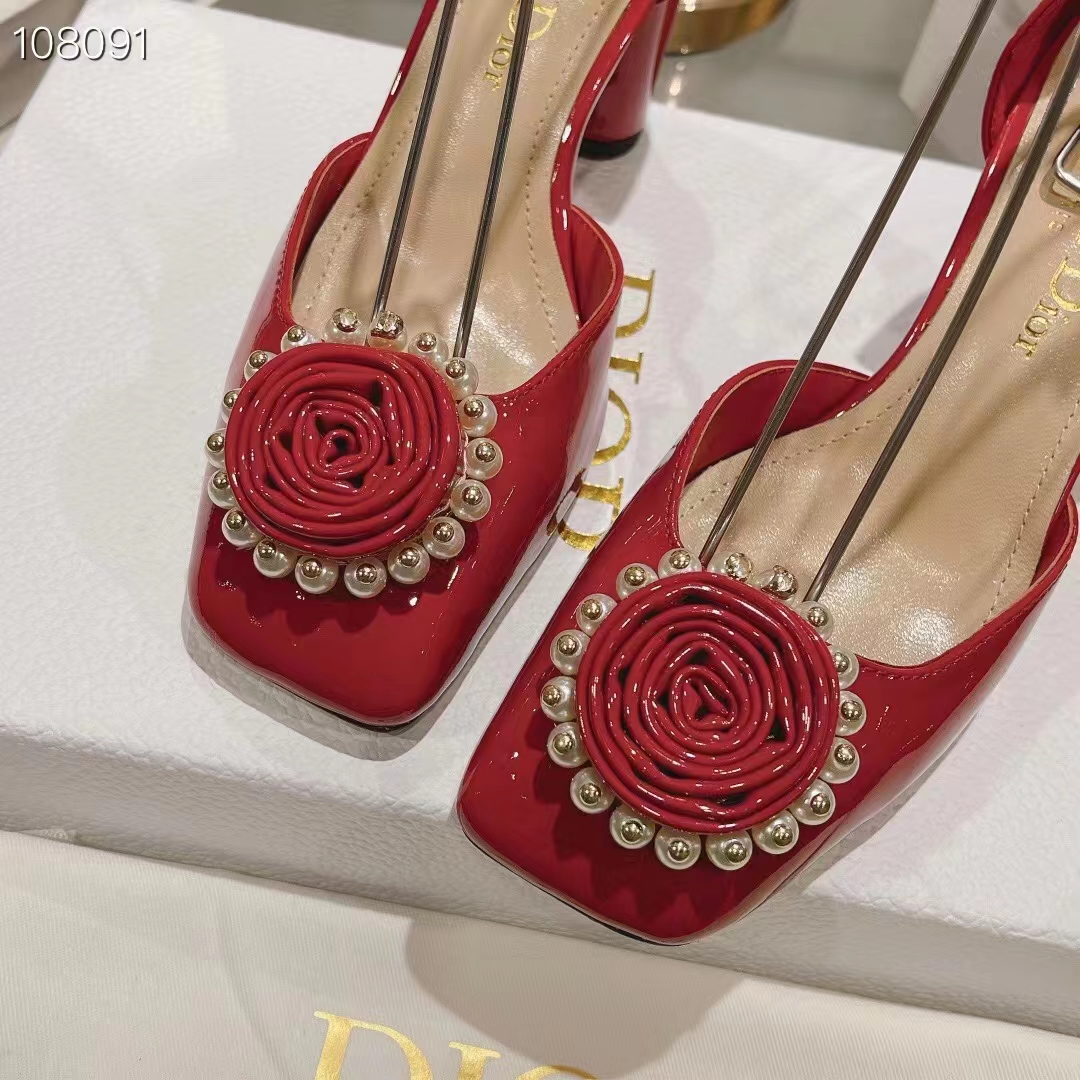Dior Women CD Dior Rose Pump Amaryllis Red Patent Calfskin White Resin Pearls