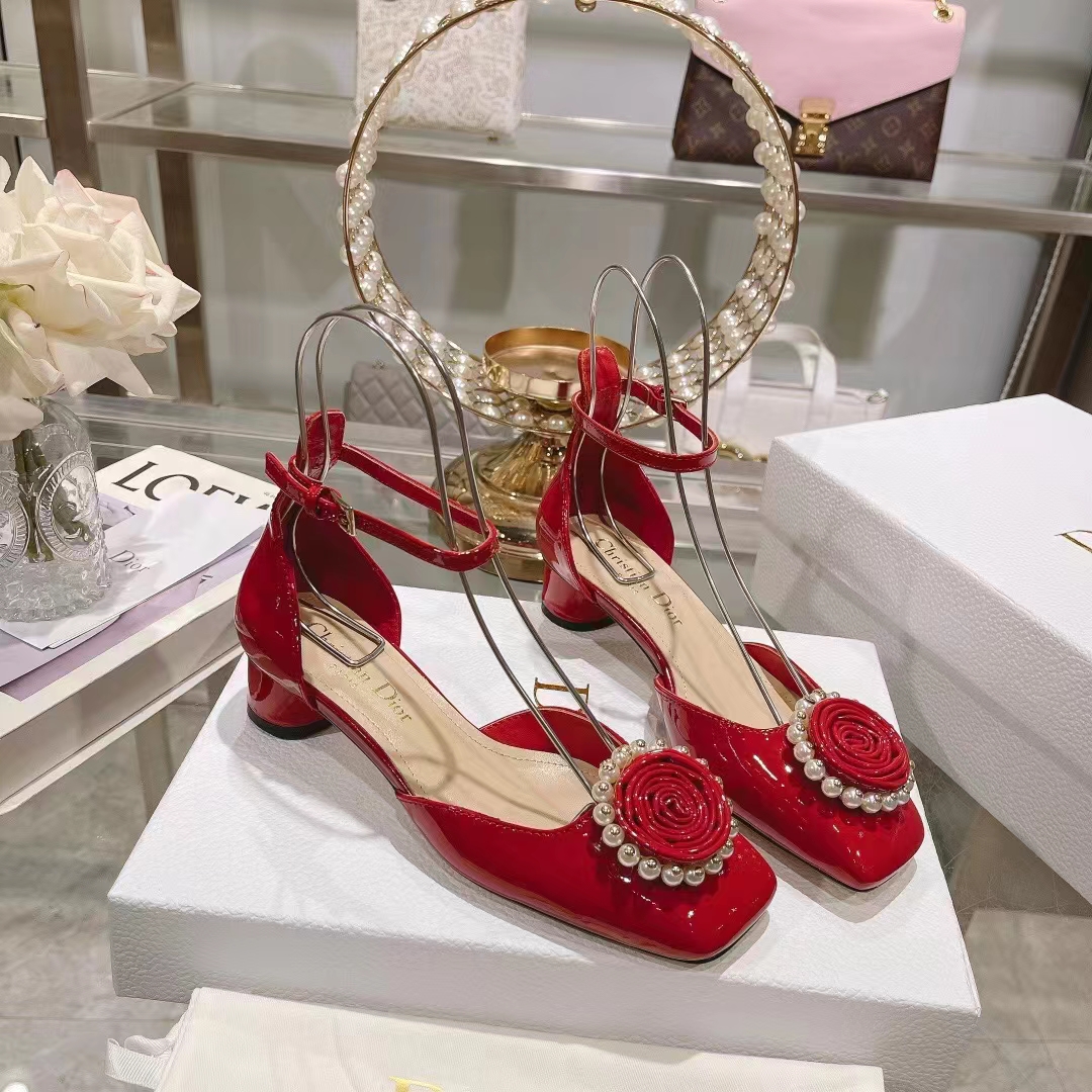 Dior Women CD Dior Rose Pump Amaryllis Red Patent Calfskin White Resin Pearls